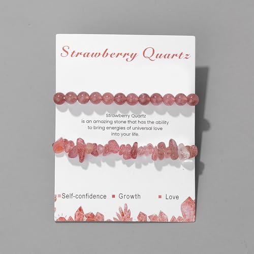 Healing Crystal Bracelets for Women 2 PCS 6mm Natural Stone Bracelet Stretch Crystal Beaded Bracelets Handmade Gemstone Bracelet Jewelry Gifts Christmas Gifts for Women Girls - style: strawberry quartz