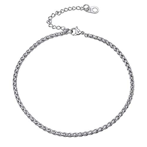 U7 Women Girls Barefoot Jewelry 18K Gold or Rose Gold Stainless Steel Heart/Rope/Figaro/Cuban Chain Anklet Foot Bracelet, 25-30 CM Long - color: Stainless Steel-3mm-Wheat Chain
