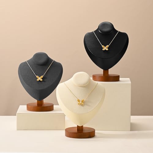 Solid Wood Jewelry Bust Necklace Display Black PU Leather Jewelry Necklace Display Stand for Show Selling - color: Black