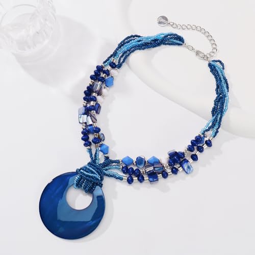 Coiris Shell Pendant Statement Strand Necklace for Women Boho Multi Beads Natural Stone Colorful Necklace Bohemian Handmade Chunky Shell Beaded Collar Jewelry for Women - color: NavyBlue