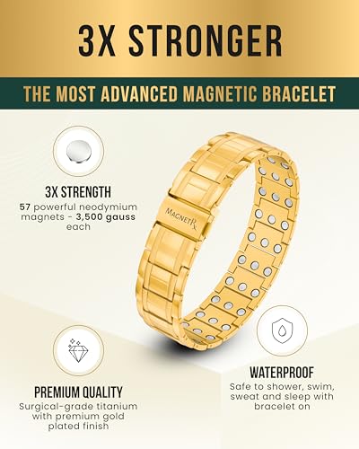 MagnetRX® 3x Strength Magnetic Bracelets for Men – Effective Magnetic Mens Titanium Bracelet – Premium Fold–over Clasp & Adjustable Length with Sizing Tool & Gift Box (Gold) - color: Gold (3X Strength)