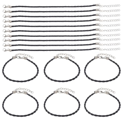 40Pcs Bracelet Cords with Clasp Bracelet Cord Bulk Black 3mm Braided Imitation Leather Lace Plaited Trendy Iron Clasp Extended Chains Ropes Accessory for Jewelry Making Bracelets DIY Crafts