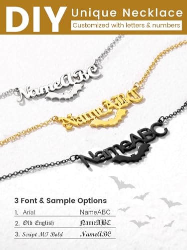 GoldChic JEWELRY Name Necklace Personalized for Men, Womens Custom Name Plate Chain, Stainless Steel Customized Old English Nameplate Choker with Curb Chains Custom, 16 inches to 30 inches - color: Rolo Chain(1.8 mm)&Bat- Steel