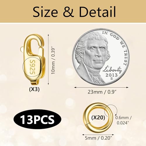 Gold Jewelry Making Lobster Claw 10mm, 23PCS Italian Rectangle Trigger Clasps with Open Jump Rings Set, Small Necklaces Bracelet Connector Gold Clasp Supplies 925 Sterling Silver Jewelry Finding Set - color: 23PcsB_Gold