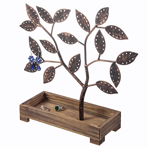 MyGift Earring Storage Rack Organizer, Vintage Bronze Finish Metal Jewelry Tree with Wooden Ring Tray Trinket Holder - Holds up to 68 Pairs of Earrings - color: Bronze