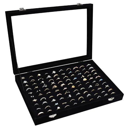 Siveit Velvet Ring Display Tray Organizer Box with Transparent Lid, 100 Slot Ring Holder Showcase For Store Display Jewelry Show Home, Ring Organizer For Rings Earrings (Black) - color: Black