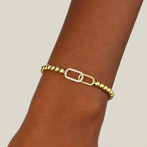 Mothers Day Gifts - Beaded Bracelets for Women 14K Silver Gold Plated Stretch Handmade Ball Bracelets Cute Charm Bracelet Dainty Stackable Cross Heart Bow Wave CZ Circle Trendy Jewelry Easter Gifts - color: zirconia-square