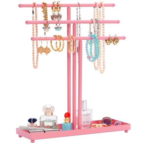 AUTODECO Jewelry Organizer Stand 3 Tier Tabletop Bracelet Rings Watches Necklace Display with Tray Great for Women Pink - color: Xy011-pink