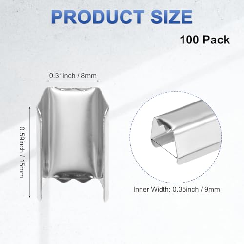 M METERXITY 100-Pack Fold Over Crimp End Caps, 0.6 x 0.3in/ 15 x 8mm Crimp Fasteners Ribbon Ends with Clamps for Jewelry Making/Leather Decor/DIY/Bracelets, Belt Buckle End Tip [Silver] - size: 0.6 x 0.3in/15 x 8mm