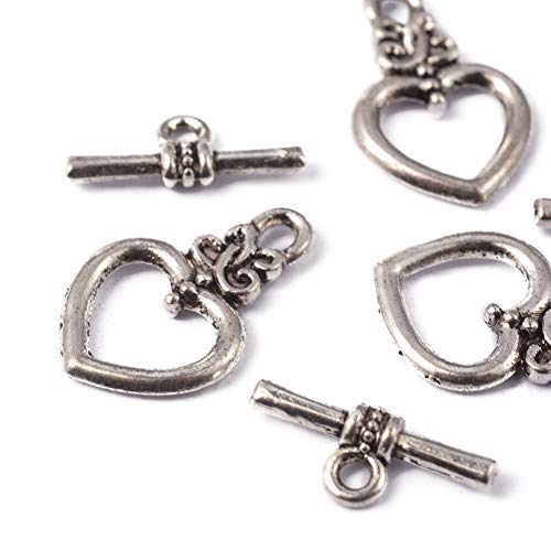 Craftdady 20 Sets Antique Silver Heart Toggle Clasps Tibetan T Bar Closure End Clasps for Bracelet Necklace Making - color: Antique Silver, 21x13mm