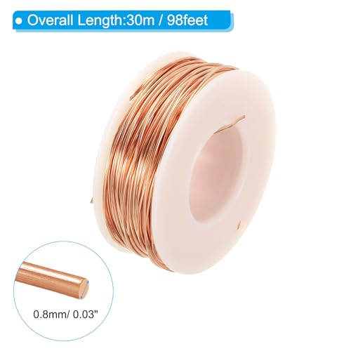 PATIKIL 98.42 Feet Solid Bare Copper Wire,20 Gauge 99.9% Pure Copper Wire 0.8mm Soft Beading Wire Metal Plant Stem Ties for Jewelry Craft (30m) - size: 0.8mm x 98.42ft