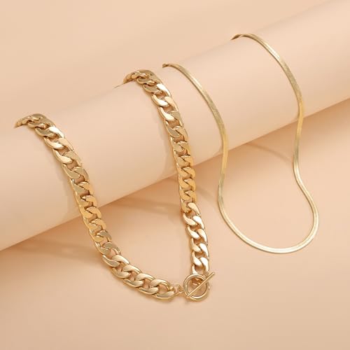 CHESKY 14K Gold Plated Chunky Necklace for Women, Trendy Paperclip Chain Necklace Thick Cross Heart Pendant Necklace Layered Herringbone Cuban Link Chain Toggle Necklaces Non Tarnish Jewelry - color: gold, style: cuban+herringbone