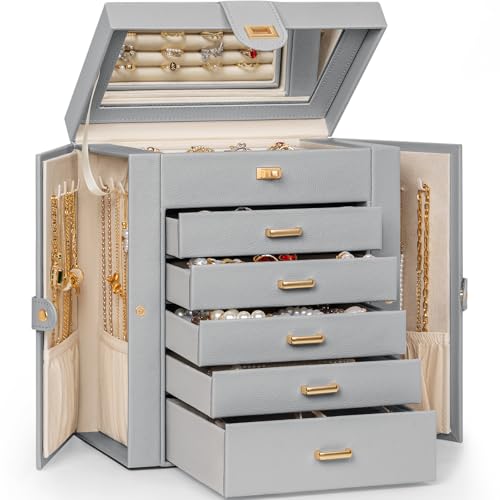 AKOZLIN 6-Tier Jewelry Box Organizer Functional 5 Drawers Leather Jewelry Storage Case for Women Girls Ring Necklace Earring Bracelet Holder Organizer with Mirror Grey - color: Grey, size: Medium