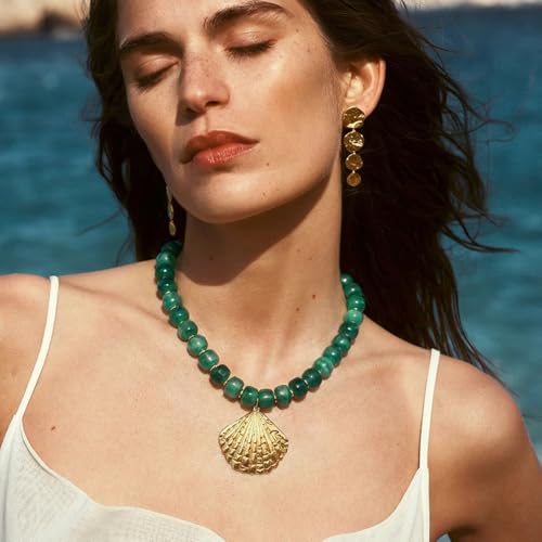 Chunky Beaded Starfish Shell Necklace for Women Colorful Boho Summer Chain Choker Beach Necklace with Acrylic Beads Trendy Chunky Jewelry Gifts - color: Green