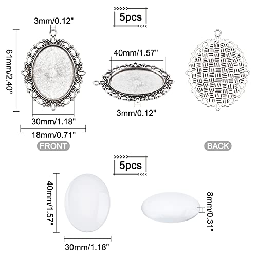 PH PandaHall Pendant Trays Set Wedding Bouquet Photo Charms Antique Silver Memory Charm Pendant Bezels Cabochon Blanks Settings 30x40mm Oval Glass Cabochon for Jewelry Making Wedding Graduation 5Sets - color: Antique Silver Oval - 5 Sets
