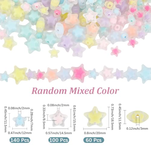 1 Box 300pcs Acrylic Frosted Star Beads Transparent Double Stars Shaped Pony Clear Matte Mixed Color Loose Spacer Bead Charm Bulk for Jewelry Making Bracelets Necklace DIY Craft Supply