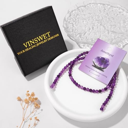 Vinswet 90pcs 4mm Amethyst Natural Stone Beads Round Genuine Real Stone Beading Loose Gemstones DIY Smooth Bead for Bracelet Necklace Earrings Jewelry Making - color: Amethyst, size: 4mm