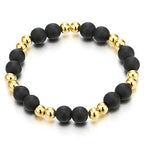 COOLSTEELANDBEYOND Mens Womens Matt Black Onyx Beads Bracelet with Small Gold Color Beads, Prayer Mala