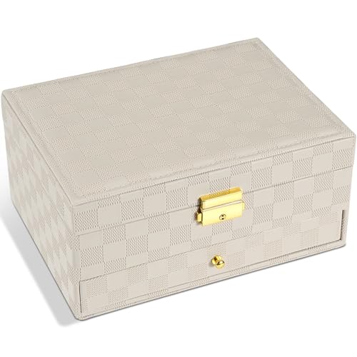 GUOER Jewelry Box for Women Girl Wife - Large PU Leather Jewelry Organizer Storage Case with Two Layers Display for Earrings Bracelets Rings Watches (Light Khaki) - color: Light Khaki
