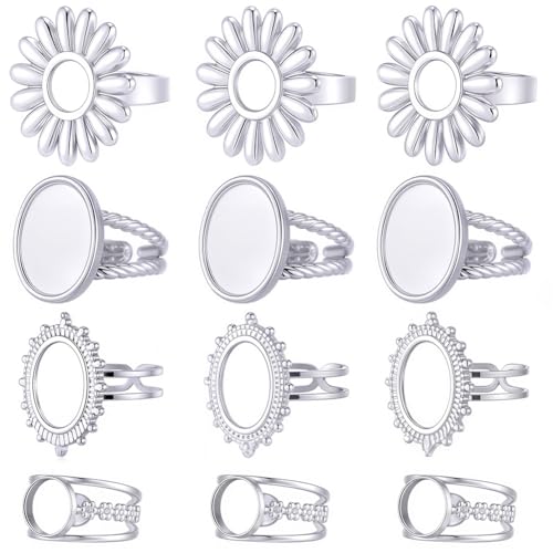 SUNNYCLUE 1 Box 16Pcs Cabochon Ring Blanks Stainless Steel Bezel Ring Blank Silver Antique Sun Flower Adjustable Finger Base Tray Findings Components for Jewelry Making DIY Gifts Accessories Supplies - style: Ring 5