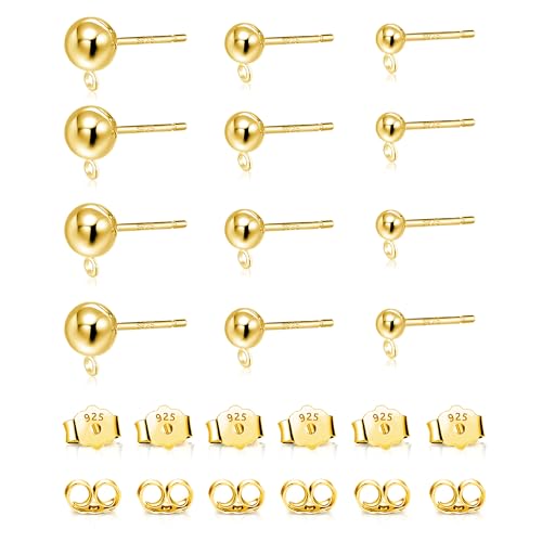 Gold Earrings Post for Jewelry Making, 12Pcs 3/4/5mm 925 Sterling Silver Earrings Ball Studs with Loop, Hypoallergenic Gold Ear Findings Butterfly Backs Supplies Set Studs Posts for Earrings Making - color: Ball_Gold