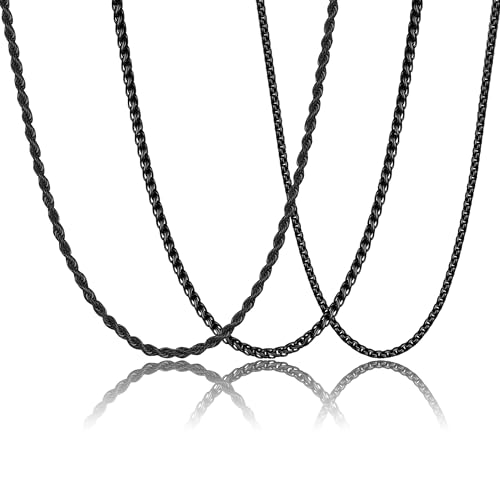Graduation Gifts -3 Pcs Chain for Men Necklace for Boys 316L Stainless Steel Cuban Link/Figaro/Herringbone Chains Set Jewelry Gifts for Men Women Boys Black/Gold/Silver 16/18/20/22/24 Inches - color: Type B-Black, size: 16''