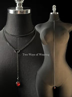 Heart Slip Chain Necklace for Women, 39 Inch Cuban Chain, Removable Heart O-Ring, Crystal Pendant, Adjustable Stainless Steel Y-Necklace - color: Black-Red