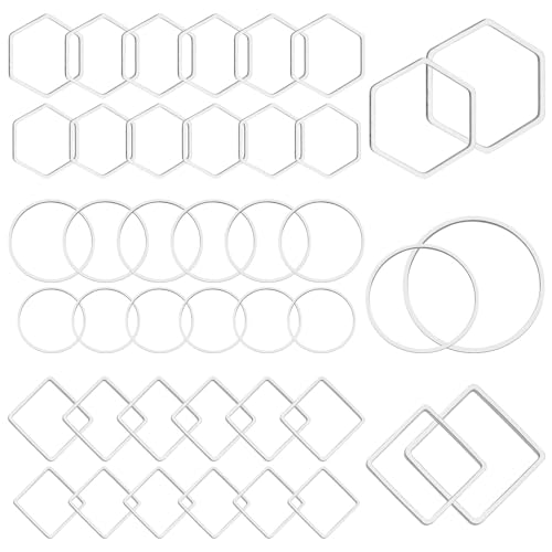Oubaka 60pcs Earring Beading Hoop Rings,3 Shapes Earring Hoop Jewelry Making Hypoallergenic Square Hexagon Round Earrings Findings Open Bezels Linking Rings for DIY Craft,Earrings Necklace(Silver) - color: 60PCS;Square,Hexagon,Round;Silver