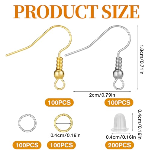600 Pcs Earring Hooks for Jewelry Making, Earring Making Supplies Kit with Ear Wires Fish Hooks & Backs & Jump Rings for DIY Earrings Supplies, Gold and Silver