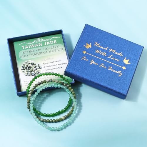 NCB 2.3-Piece 4mm Natural Crystal Gemstone Stretch Bracelets – Handmade Reiki Energy Healing Jewelry for Meditation,Yoga, Unisex - color: 3PCS ( Green Jade+Green Aventurine+Taiwan Jade ), size: 4mm
