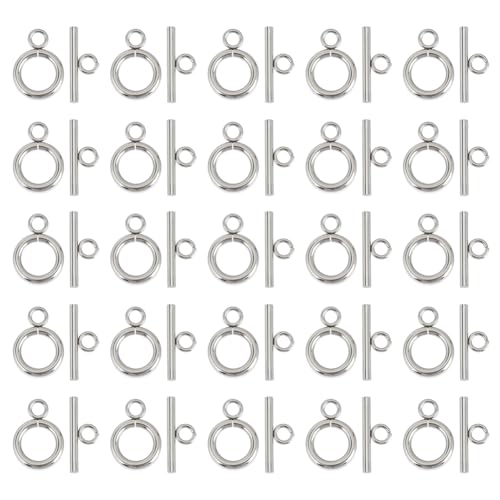 50Pcs Toggle Clasps Stainless Steel T Bar Ring Connector Closure Hook Fastener Necklace Bracelet Round Closures Jewelry Clasp for Bracelet Necklace Jewelry Making 16x12x2mm - size: 16x12x2mm