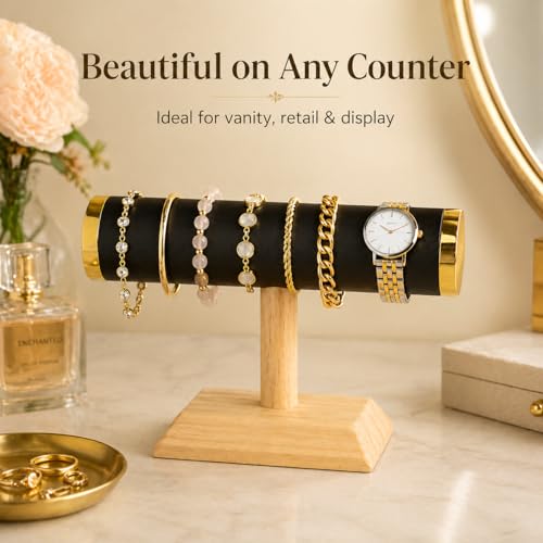 Jewelry Display T-Bar Stand – Elegant Black PU Leather & Natural Oak Wood Base, Space-Saving Organizer for Bracelets, Watches & Bangles - color: Round PU Black