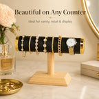 Jewelry Display T-Bar Stand – Elegant Black PU Leather & Natural Oak Wood Base, Space-Saving Organizer for Bracelets, Watches & Bangles - color: Round PU Black