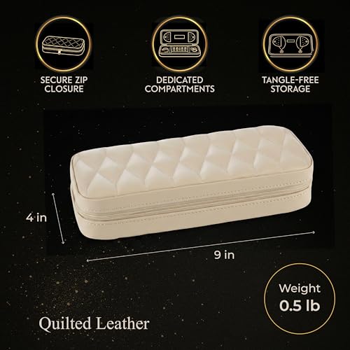 Bey-Berk Diamond-Quilted Leather Travel Jewelry Case, Cream, 9" x 4" x 1.75" - color: Cream