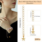 Beebeecraft 1 Box 20Pcs Golden Necklace Extender Real 18K Gold Plated Brass Metal 3D Star Shaped Charm Ends Tail Extension Curb Chain for Jewelry Making Necklaces Bracelets DIY Crafts Supplies - color: Gold-star