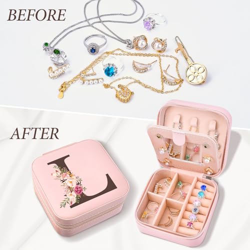 Preppy Travel Jewelry Gifts for Teen Girls, Travel Jewelry Box Personalized Christmas Gifts Stocking Stuffers for Women, Fashion Travel Essentials Trendy Stuff Easter Basket Stuffers, Initial L - style: L