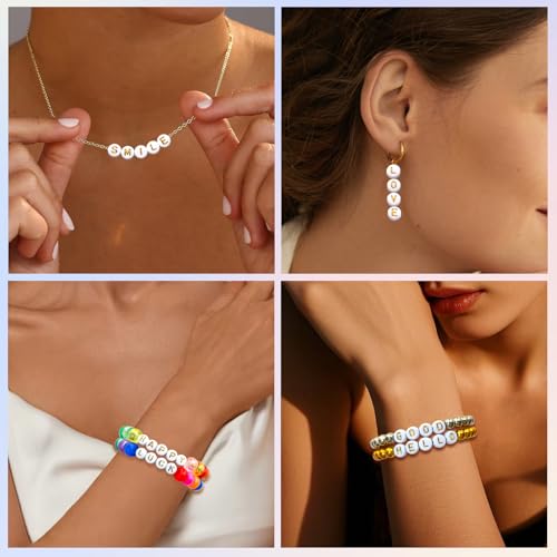 Amaney 1000pcs Gold Letter Beads 74mm White Round Acrylic Alphabet Beads for Jewelry Making Bracelets Necklaces Key Chains - color: White&Gold