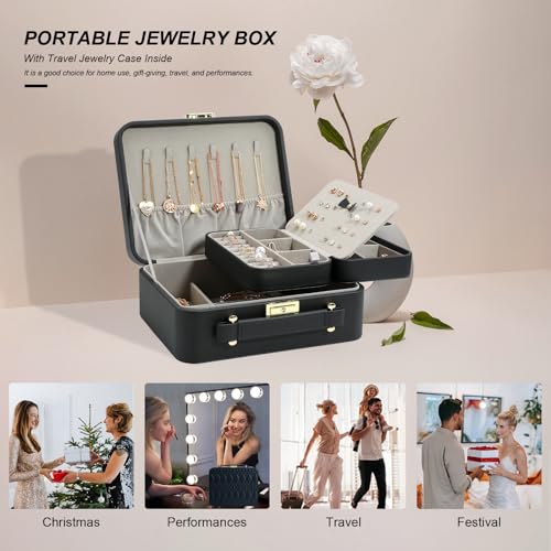 Portable Jewelry Box, Large Travel Jewelry Case Organizer (Black) - color: Black-1