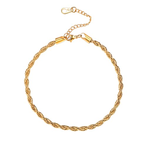 U7 Women Girls Barefoot Jewelry 18K Gold or Rose Gold Stainless Steel Heart/Rope/Figaro/Cuban Chain Anklet Foot Bracelet, 25-30 CM Long - color: Gold Plated-3mm-Rope Chain