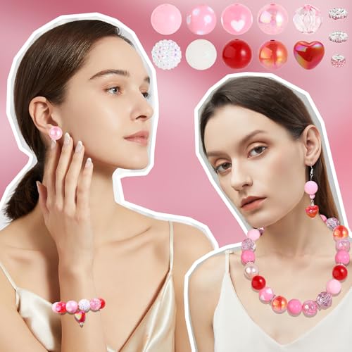 35 Pcs 20mm Chunky Bubblegum Beads Focal Pen Large Rhinestone Pearl Bead with Rhinestone Large Hole European Spacer Beads for DIY Beadable Pen Keychain Jewelry Craft Making(Pink Heart) - color: Pink Heart