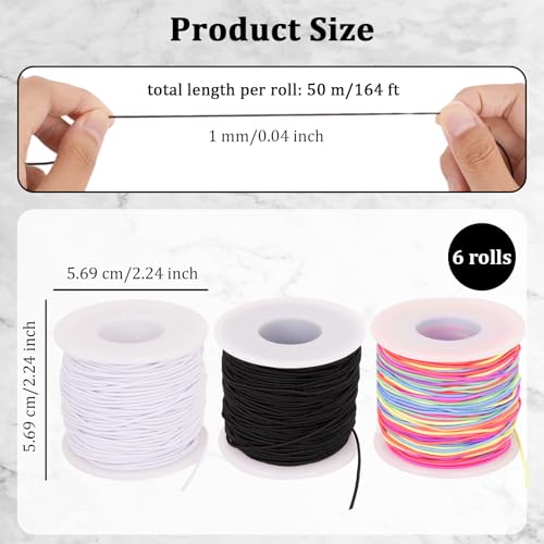 6 Rolls Elastic String for Bracelets, 1mm 984 Feet Sturdy Stretchy Bracelet String Thread, Necklace Stretchy String for Bracelet Making Crafts, Jewelry Making Supplies Elastic Cord for Pony Beads - size: 1mm black, white
