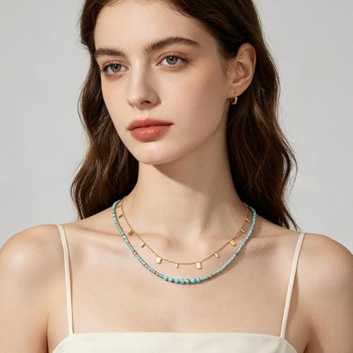 Plumiss Boho Handmade Natural Jasper Stone Beaded Crystal Mixed Strand Short Necklace for Women Girl - color: Turquoise