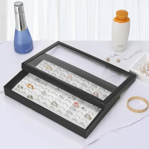 KUKUVR 100 Slots Ring Earring Holder Display Case, Velvet Jewelry Ring Earring Storage Organizer Box Tray with Clear Lid for Women And Selling Show (Black+White) - color: Black+White
