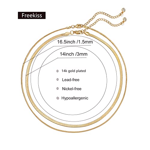Freekiss Women's Layered Necklace Set - 3 Piece Dainty Gold Jewelry for Everyday Stacking | 14K Gold Plated Snake Chain, Rope Chain, Cuban Chain | Adjustable Length 14-18.5 Inch | Gift Ready - color: Gold, style: Layer 3mm+1.5mm Snake