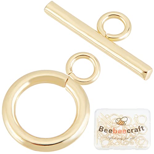 Beebeecraft 15 Sets 18K Gold Plated Toggle Jewelry Clasps Connectors Round Ring Toggle T Bar Clasps Sets for Necklace Bracelet Earring Making, 18x13mm - color: #1 15 sets