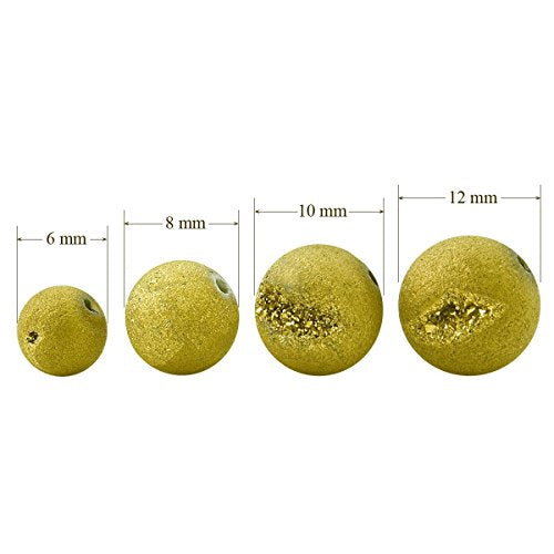 RUBYCA Round Dyed Electroplated Druzy Agate Quartz Crystal Gemstone Beads (1 Strand, Gold, 6mm) - color: Gold, size: 6mm