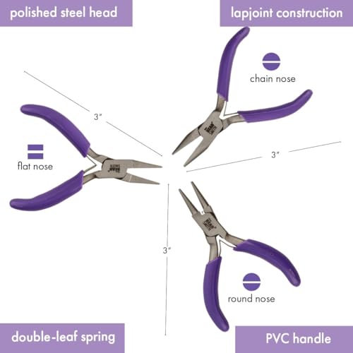 The Beadsmith Mini Series Plier Set – 3-Piece Kit: Chain Nose, Round Nose & Flat Nose – 3-Inches, Purple Comfort Grip Handle, Single Leaf Spring, Polished Steel Head – Tools for Jewelry Making - style: 3 Piece