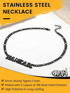 GoldChic JEWELRY Name Necklace Personalized for Men, Womens Custom Name Plate Chain, Stainless Steel Customized Old English Nameplate Choker with Curb Chains Custom, 16 inches to 30 inches - color: Figaro Chain 6 mm -Black