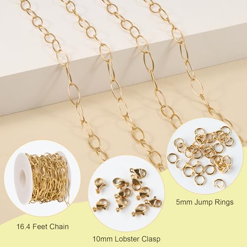 SMYHTGLIF 16.4 Feet Gold Round Wire Paperclip Jewelry Making Chains Roll Stainless Steel Chain Bulk for Jewelry Making - color: Ellipse Gold