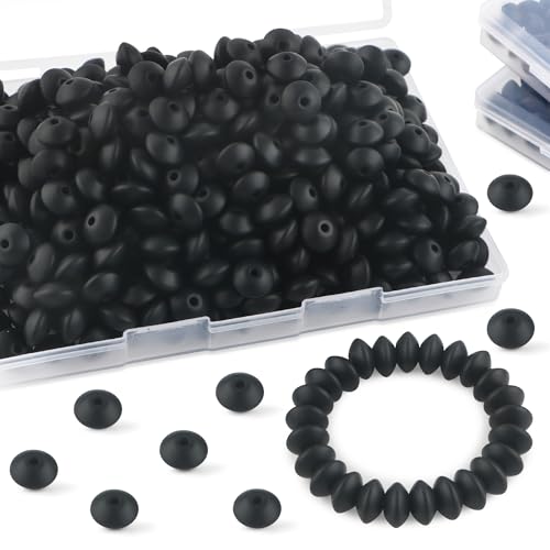Sunrony 200Pcs 12mm Silicone Lentil Beads for Keychain Making, Bulk Abacus Spacer Beads for Pens (Black) - color: D-Black